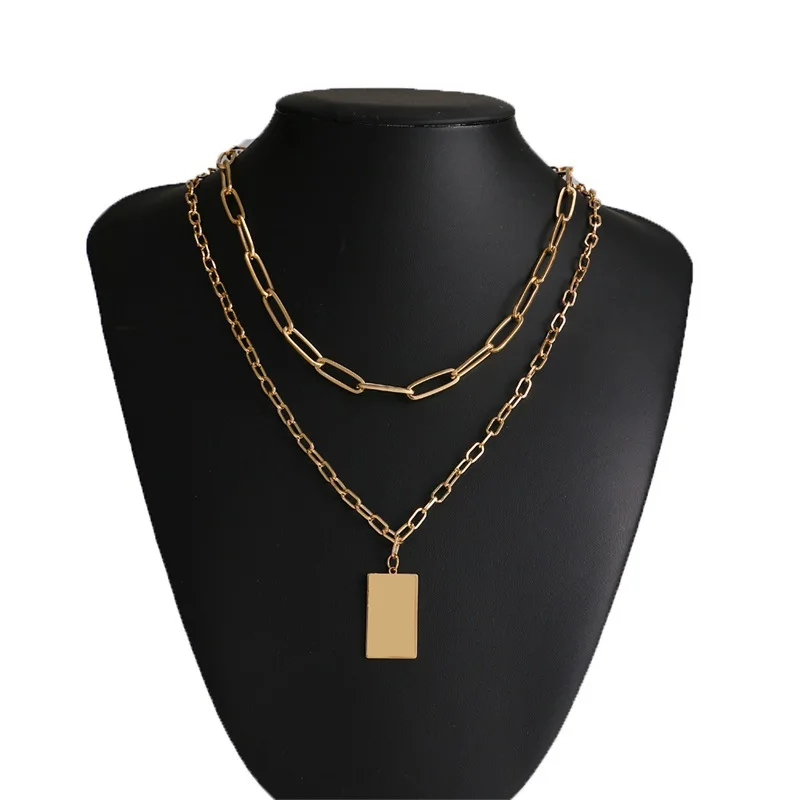 

New square pendant two piece set personalized gold sweater chain best friend 18k necklace 2021