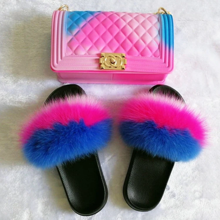 

Slippers And Bags Set Pvc Colorful Fur Slides Women Jelly Purse Fox Wholesale Ladies Luxury Shoes, Customized color