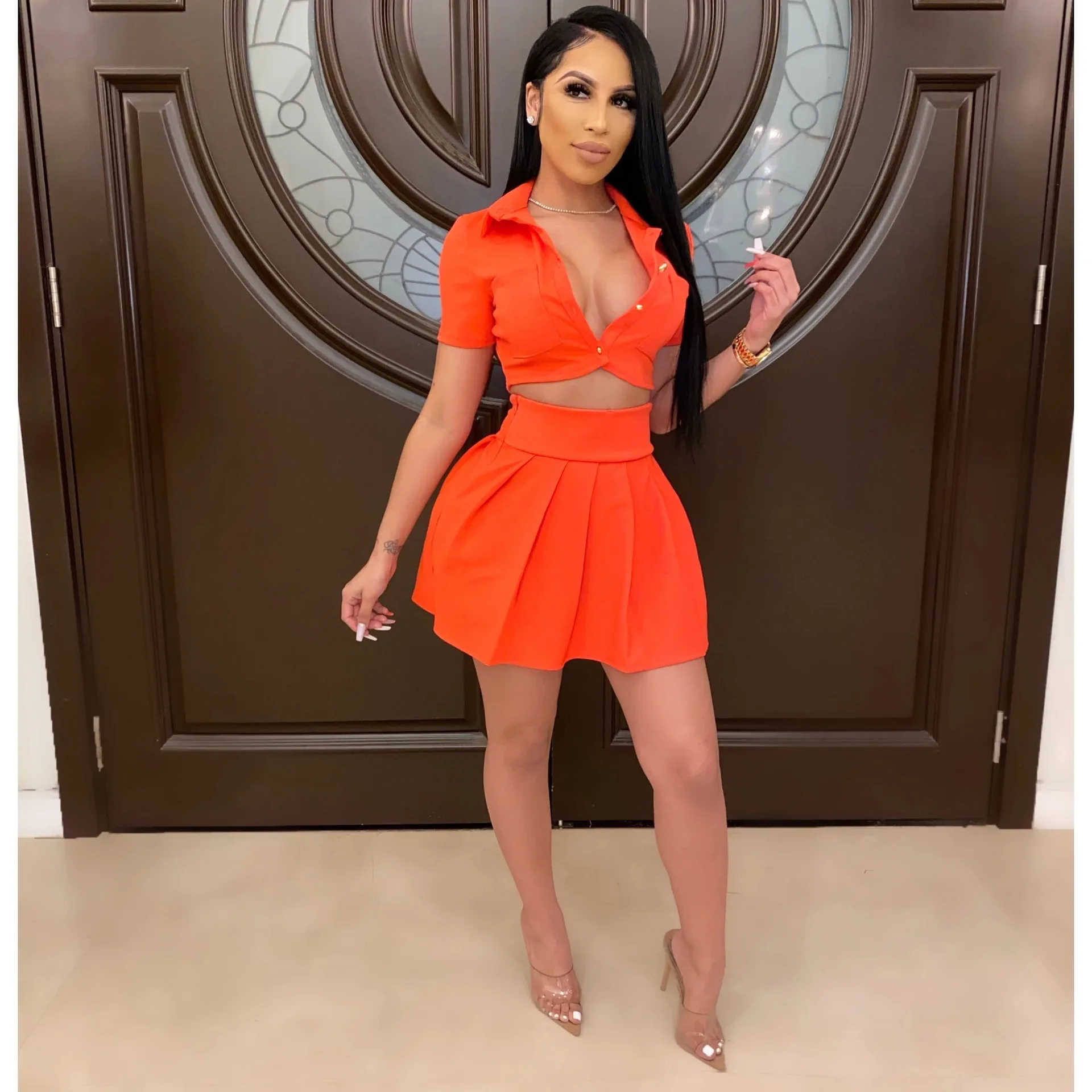 

Summer Women Skirt Set Solid Color Button Up Pleated Skirt Set 2 Pieces Sets With Short Sleeves Cropped Blouses And Skirts, Orange,black,earth yellow