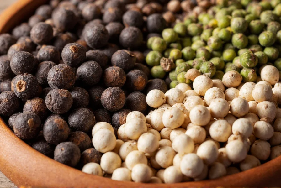 Close-up of black peppercorns, white peppercorns, and green peppercorns arranged in a wooden spice bowl