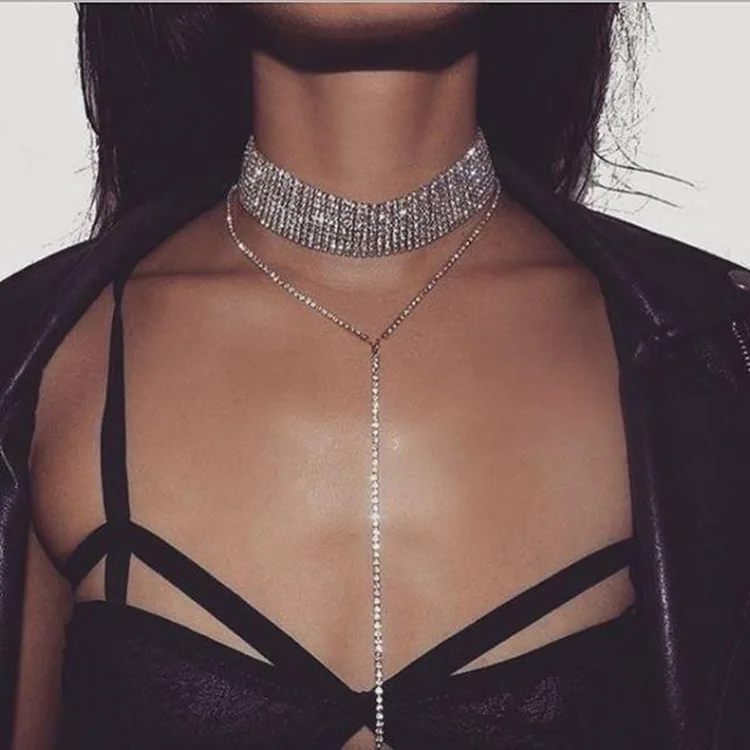 

Sexy Fashion Full Drill Long Round Bead Silver Chain Alloy Rhinestone Multilayered Diamond Choker Womens Necklace
