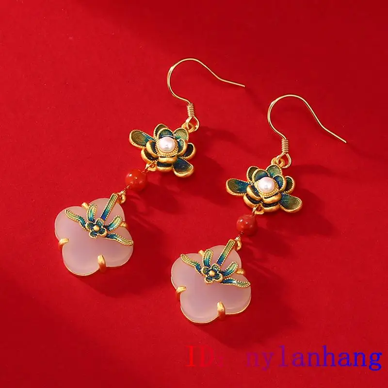 

Jade Lotus Earrings Zircon Gifts Natural Chalcedony Green Crystal 925 Silver Jewelry Gemstone Women Amulet Fashion