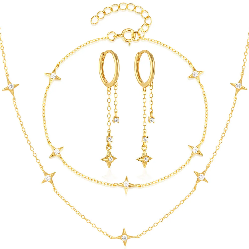 Fashion Jewelry Sets 925 Sterling Silver Star Diamond Necklace Earring Bracelet Jewelry Set Gold Plated Necklaces Women