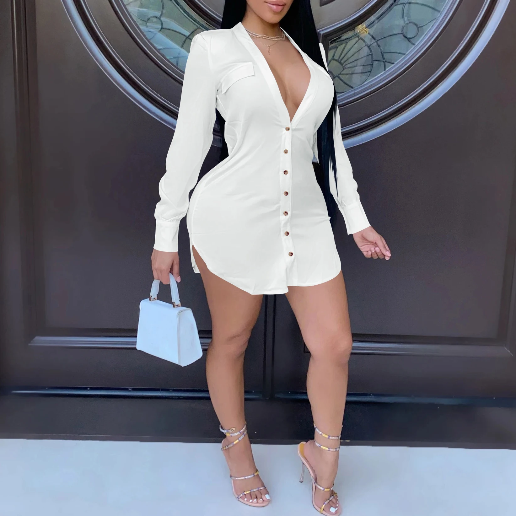 

FS3015D Sexy Long Sleeve Shirt Dress Women Blouses Summer V Neck Button Up Mini elegant Dresses