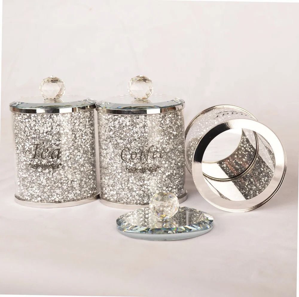 
Black Writing Kitchen Storage Silver Trimmings Crystal Filled Diamond Crushed Tea Coffee Sugar Canisters Jars 