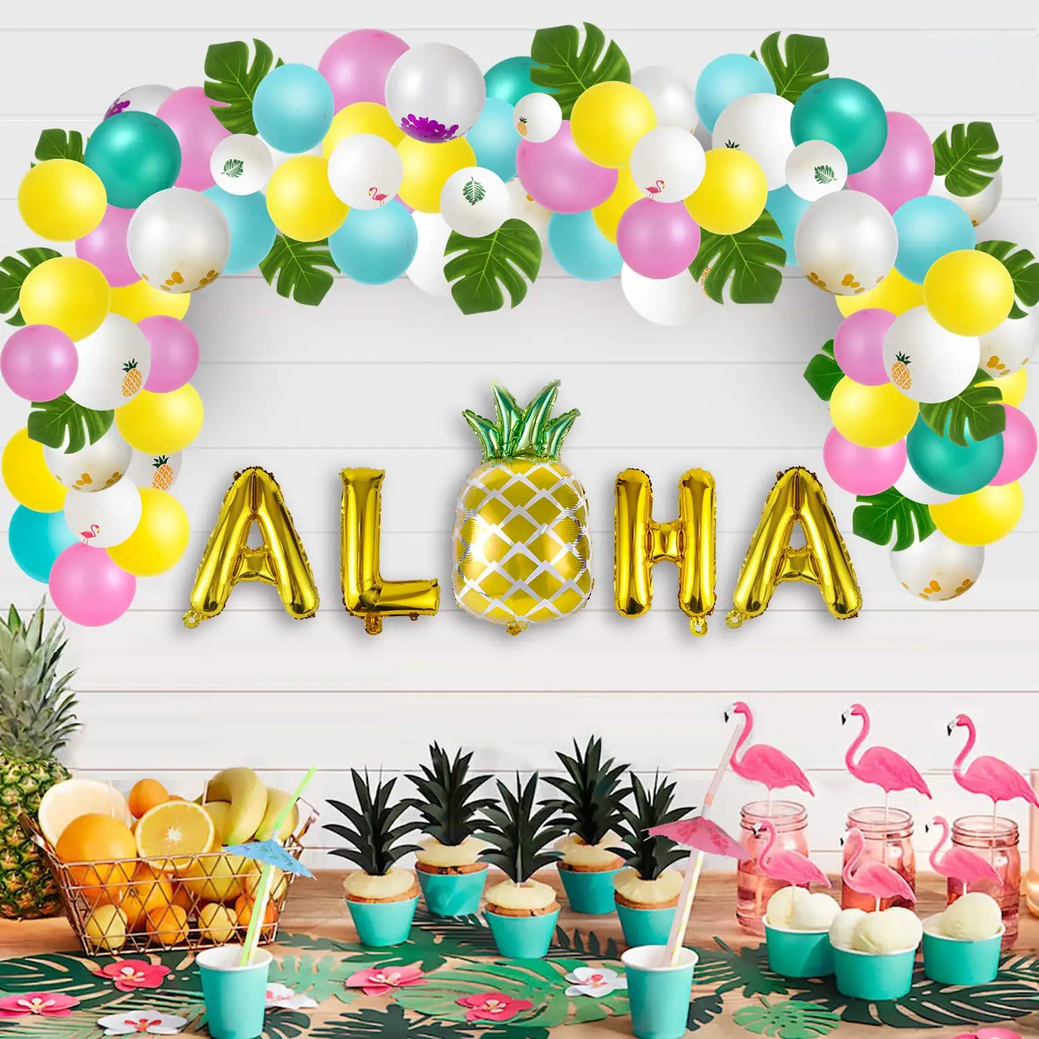 96pcs Hawaiian Decorations Set Aloha Banner Tropical Leaves Balloon