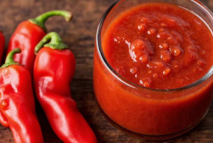 Close-up photography of Melinda's Ghost Pepper sauce bottle next to fresh ghost peppers showing vibrant red color and condensation on glass