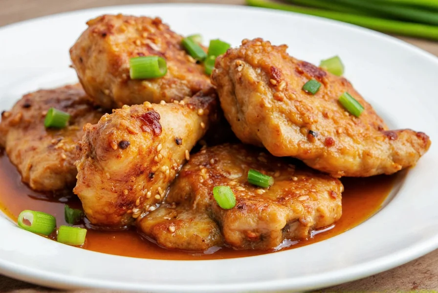 Perfectly caramelized honey pepper chicken thighs with sesame seeds and green onions on white plate