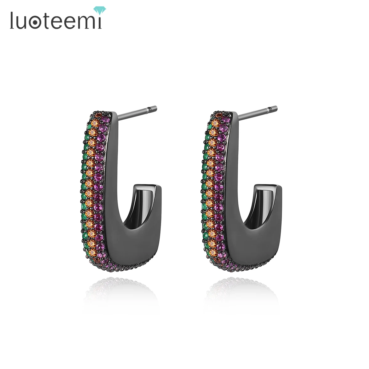 

LUOTEEMI Fashion Designer Colorful Clip-On Earing Korean Cubic Clip On Hoop Woman Black Earring