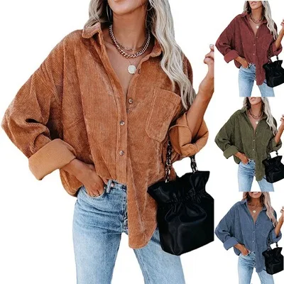 

H9838 Fall Fashion Plus Size Corduroy Loose Button Shirt women's blouses