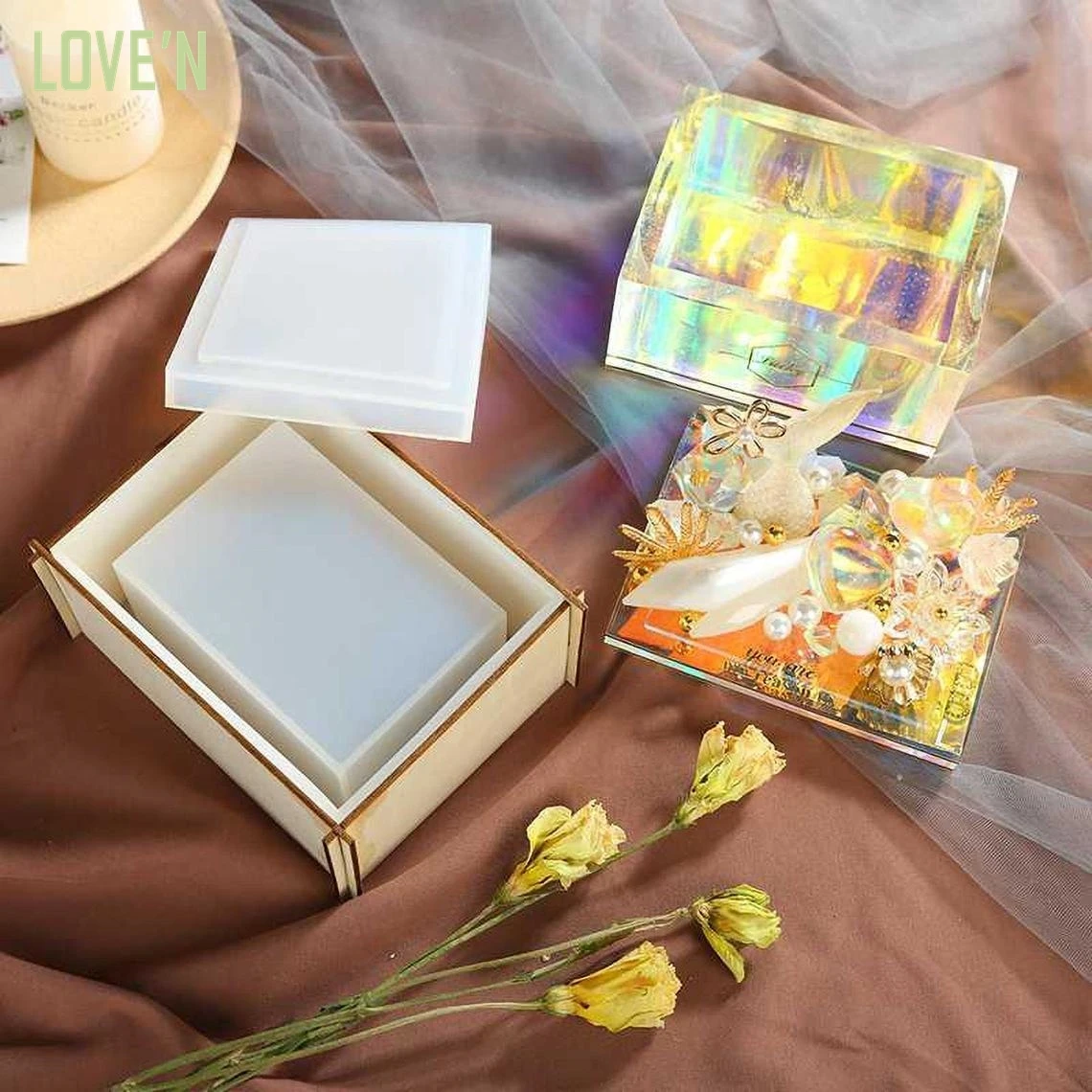 

LOVE'N LV253T Flower Pot cement molder Home Decor Jewelry holder Storage With Lid silicone Mould Square Tissue Box Resin mold