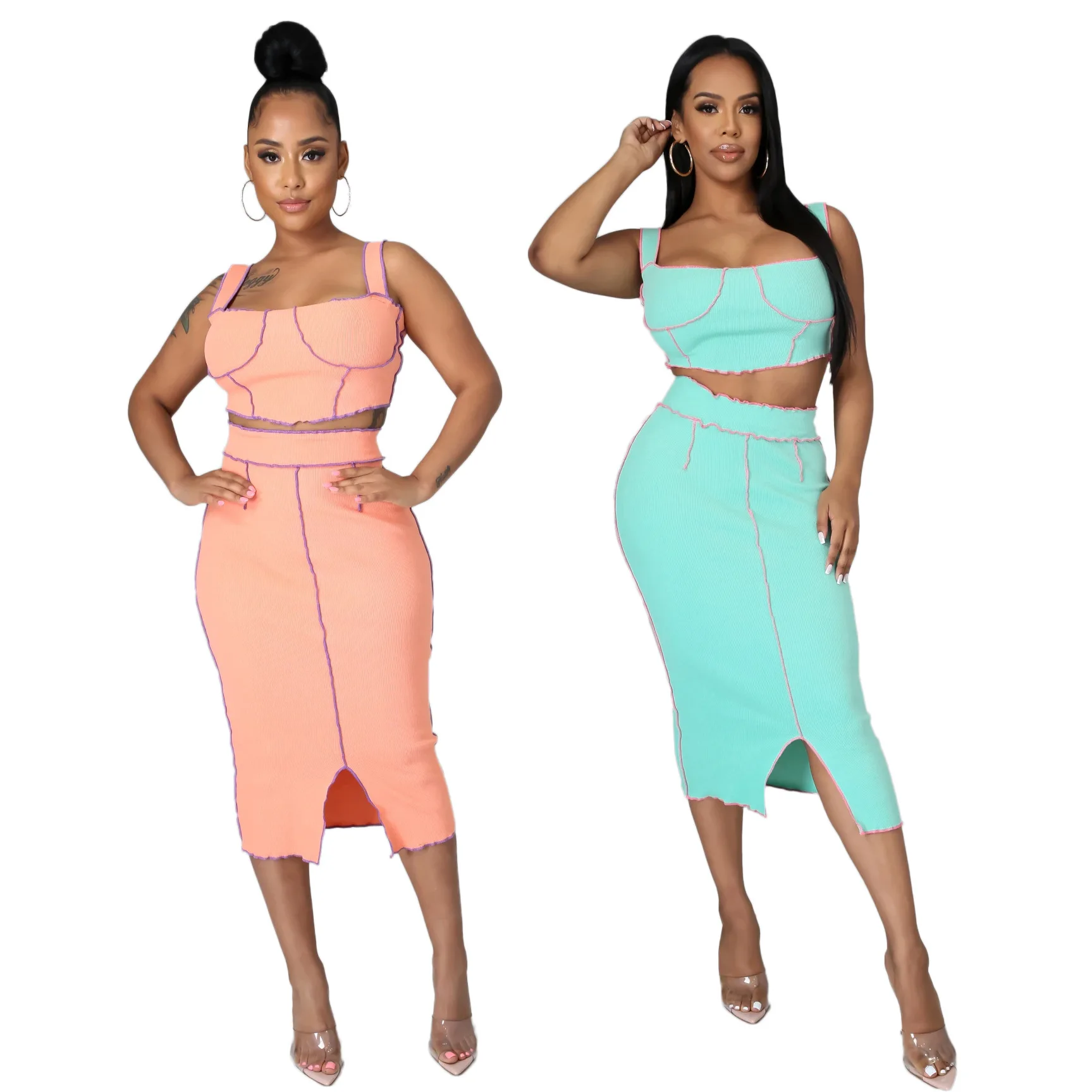 

Wholesale women clothing suspender top and split dress women two piece set club wear, As picture