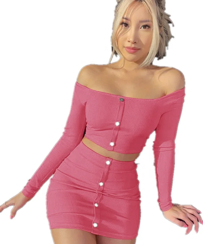 

2021 new open navel short two piece dress women's sexy thread square collar suit skirt solid two piece set