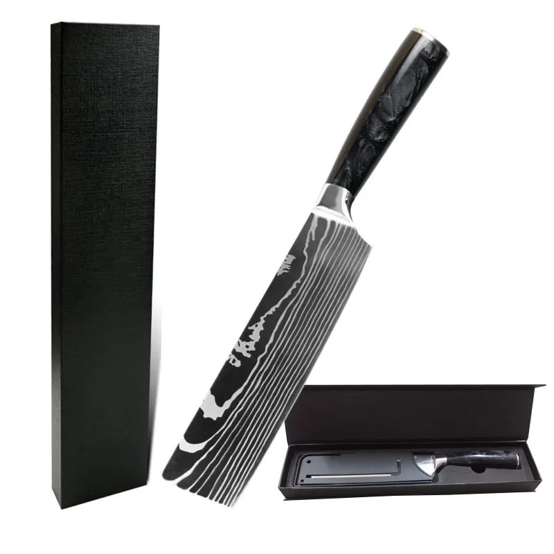 

8 inch Stainless steel laser pattern classic design fruit and vegetable carving portable cucina Japanese nakiri knife