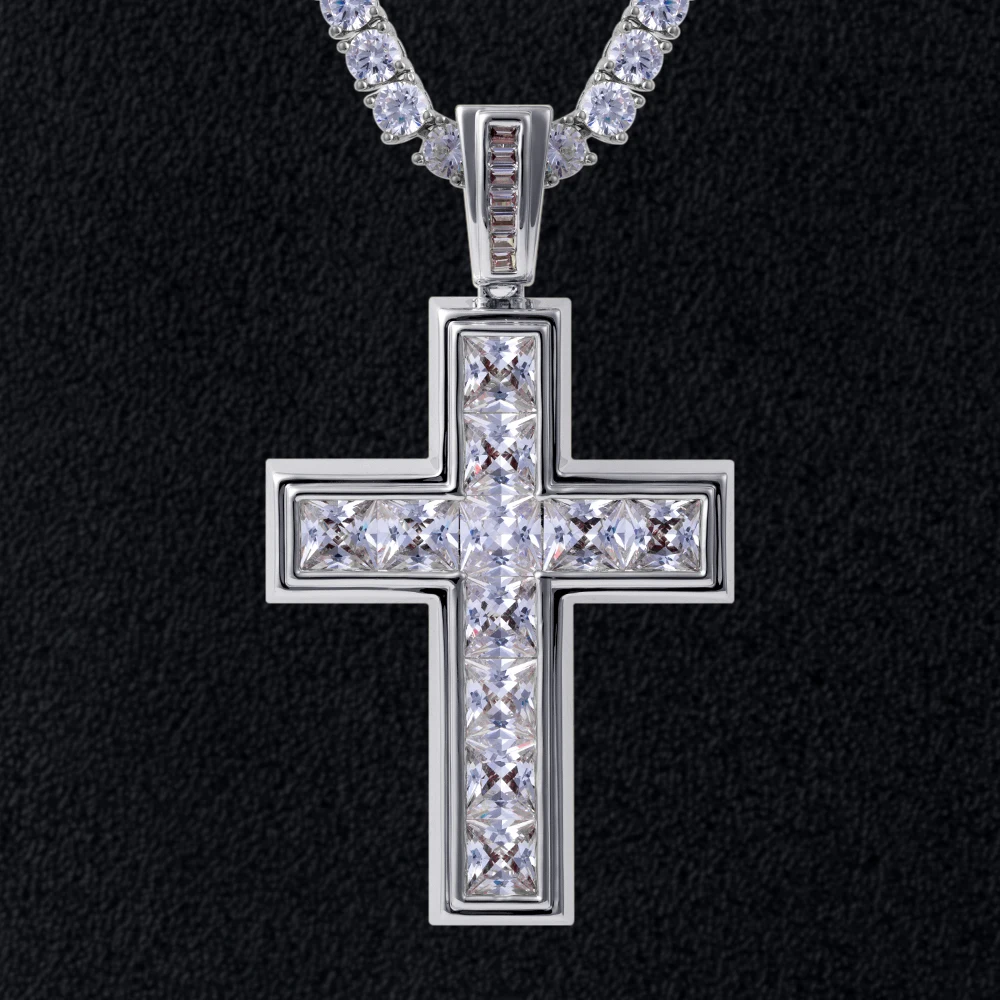 

KRKC&CO Baguette Diamond Jewelry Cubic Zirconia Hip Hop Princess Cut Iced Out Man Woman Cross Pendant With Crystals