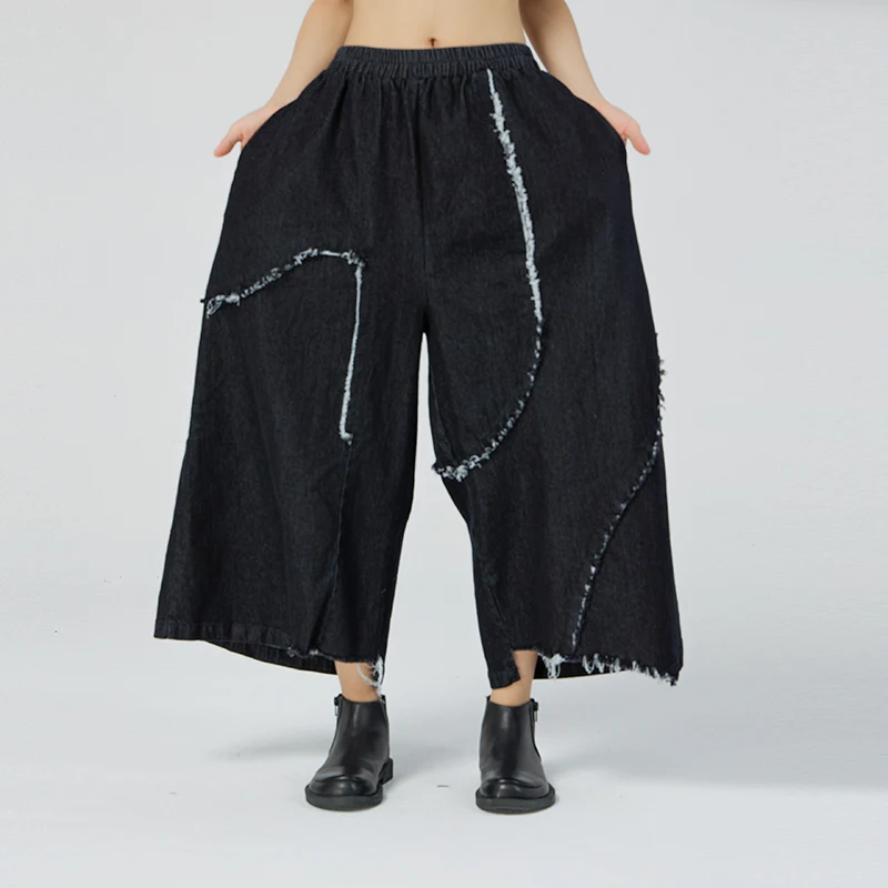 

2022 Spring New Plus Size Women's Casual Denim Wide Leg Pants Girl's Elastic Waist Loose Look Thin Vintage Jeans Pants 2989