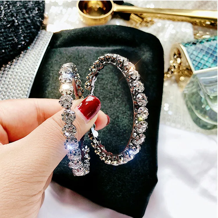 

925 Sterling Silver Post 5.5cm Big Circle Shiny Cz Crystal Hoop Earrings Rhinestone Hoop Earrings