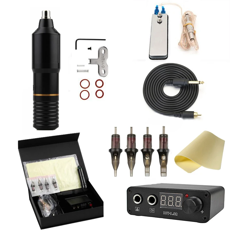 

Cavalon tattoo pen set tattoo machine combination cost-effective engraving machine 1.5A power silicone handle cover Black band, Golden