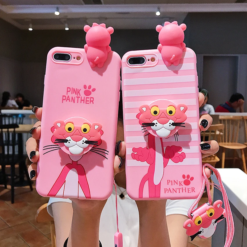

For iPhone X Xs 6 7 8 Plus 11 Pro Max Leopard 3D Papa Doll Holder Stand Strap Cute Soft Phone Case