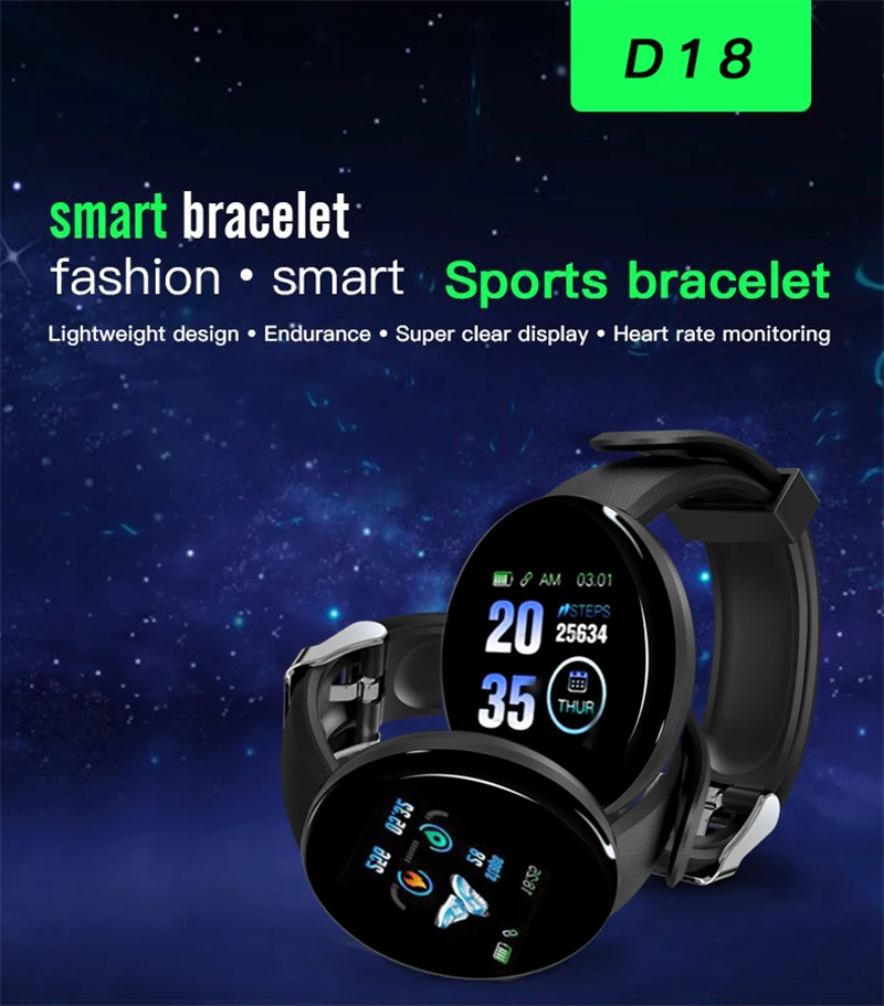 D18 Smart Bracelet Sport Wristbands Fitness Tracker Heart Rate Monitor