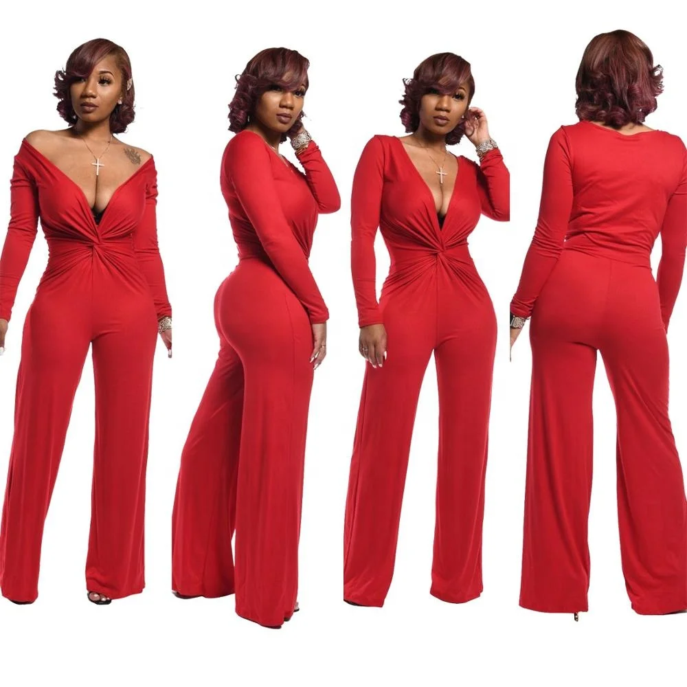 

B62597A American women's hot style dark V solid color casual jumpsuit, Black/red