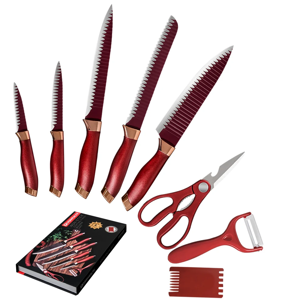 

Free Shipping drop-ship stainless steel 8pcs high quality kitchen knife non stick kitchen knife set in gift box, Red