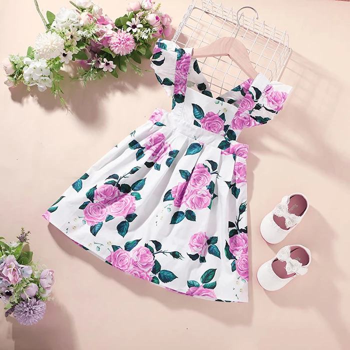 

2021 new summer fashion flying sleeves kids girls dress female flowers rest baby leisure skirt