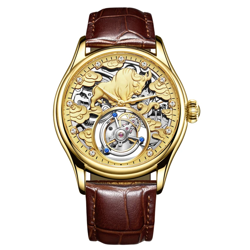 

Luxury Real Skeleton Tourbillon Wristwatch Mens Zodiac Cow Clock Gears Showing Mechanical Movement Hand Watch