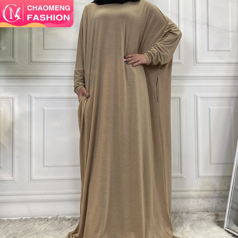 

6200# 6 Colors Wholesale Solid Color Cotton Jilbab Arabic Loose Style Bat Sleeves Muslim Prayer Dress Abaya for Women, Khaki/red/brown/blue/black/gray