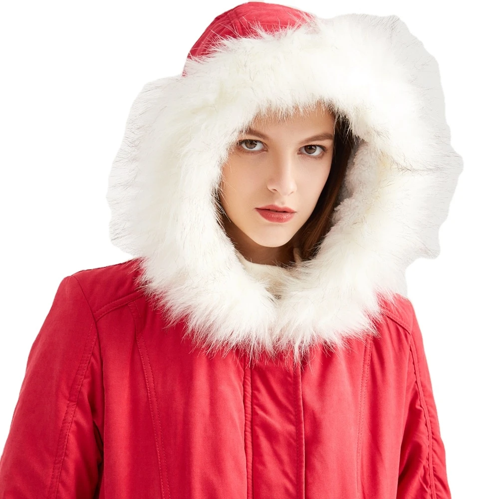 

Plus Size Red Short Parka With White Faux Fur Lining Warm Coat Women Winter Overcoat