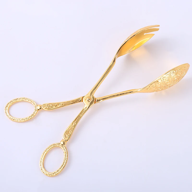 

Easy Gripped Scissors Style Zinc Alloy Food Cake BBQ Tongs For Bbq Kitchen Firewood Tongs, Gold,silver