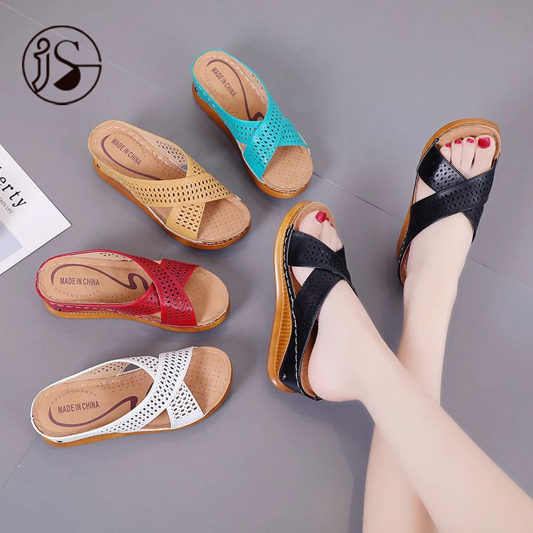 

Comfortable wedge heels lady slippers Roman style slippers Cross strap fashion slippers Ladies' summer thick soled, Picture