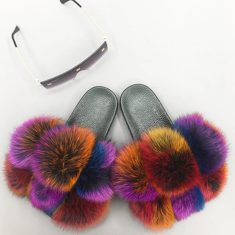 

Fashion oversized sunglasses and slippers women colorful real fox fluffy summer large pom pom fur slippers, Customized color