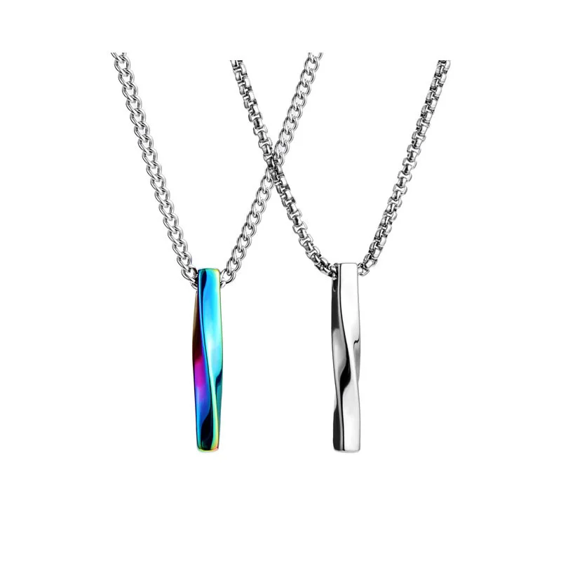 

2022 New Hip Hop Jewelry Silver Plated Cuban Chain Necklaces Stainless Steel Twisted Rectangle Vertical Bar Pendant Necklace