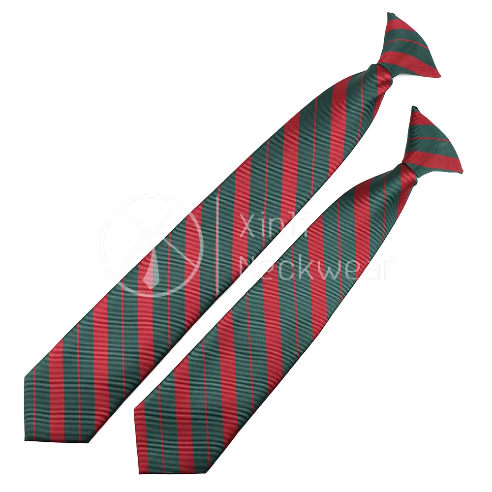 

Dark Green Red Striped Polyester Security Necktie Cheap Woven Jacquard School Clip On Tie for Uniform