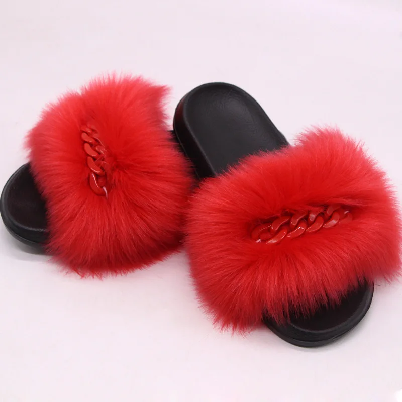 

2021 Cross-border Foreign Trade Export New Faux Fox Fur Slippers Female Color Chain Furry Flip Flops Sandals, 20 colors