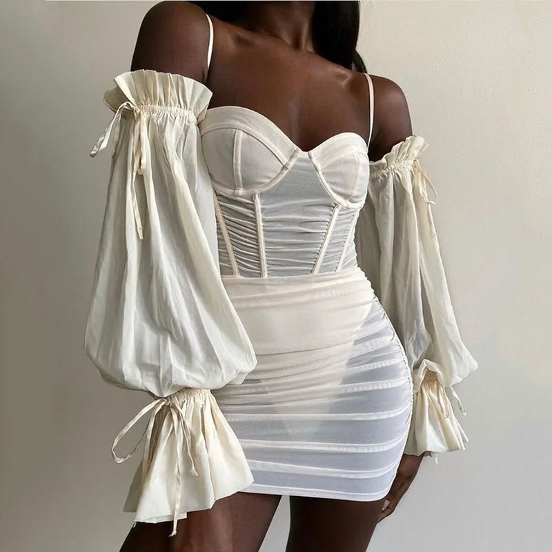 

Sheer Off The Shoulder Puff Sleeve Bodycon Sexy Summer Corset Dress White Party Prom Dresses, Customized