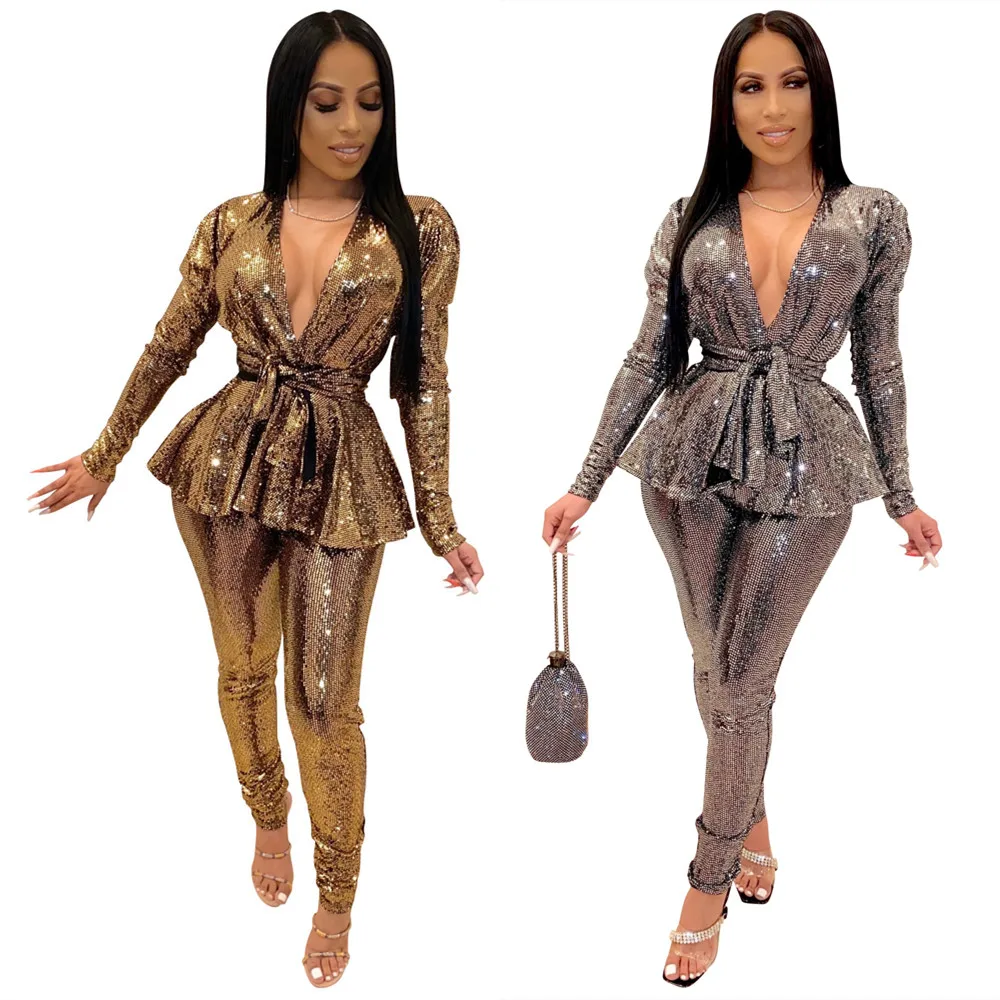 

GC-2073137 Fashion all match gilt cloth long sleeve ladies suit 2 piece suit with belt for women
