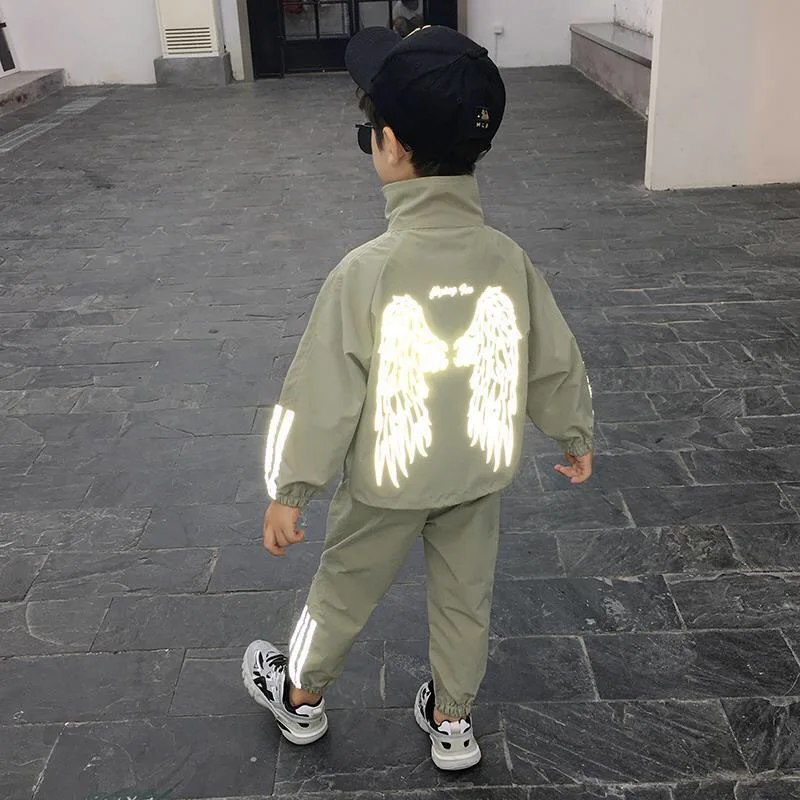 

New arrival fashion spring autumn shiny logo printing kids 2 Pieces Clothing Set coat+ pants for kids, Picture shows