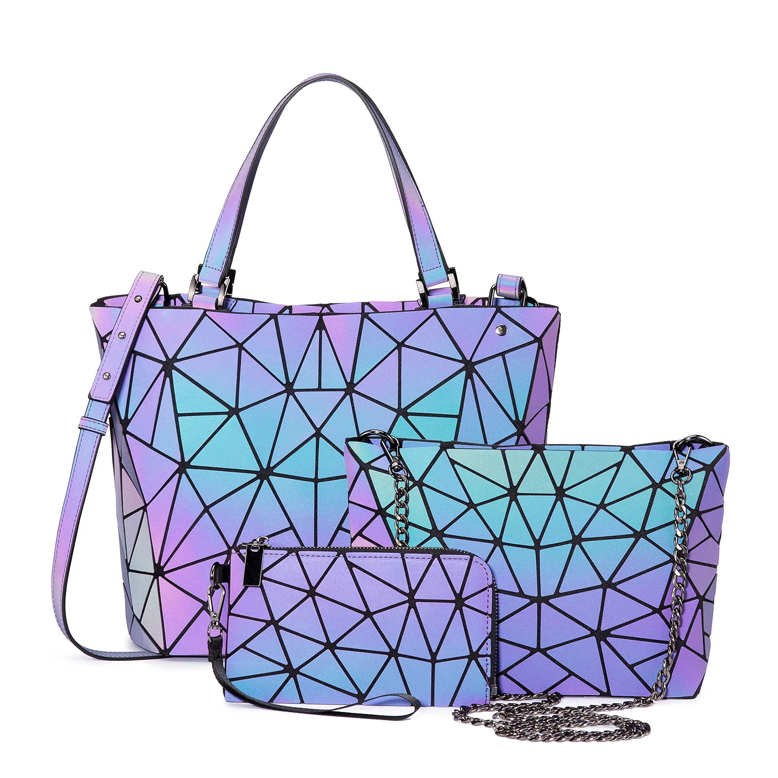 

Designer 3pcs Luminous Geometric Bag Holographic Reflective Crossbody Shoulder Bag Tote Clutch Purse HandBag Sets Lady backpack