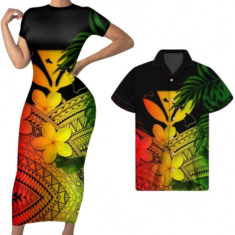 

Matching Clothes For Couples Colorful Polynesian Tribal Kanaka Maoli Print 2pcs Set Bodycon Maxi Dress With Short Sleeve Match, Customized color