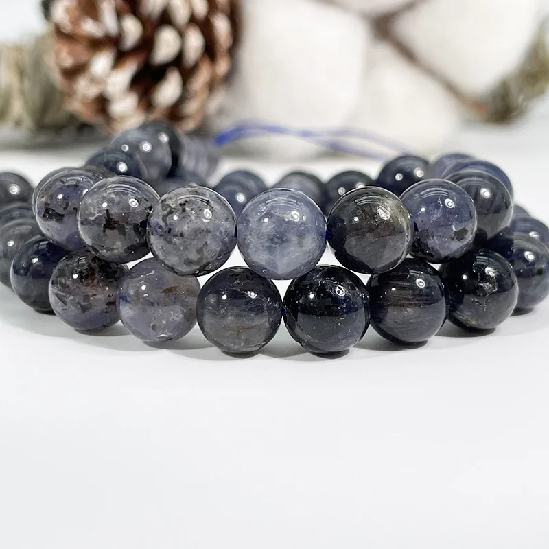 Natural  Round Smooth Loose  Beads For Jewelry Making Bracelet Necklace Grey Blue  Iolite  Beaded