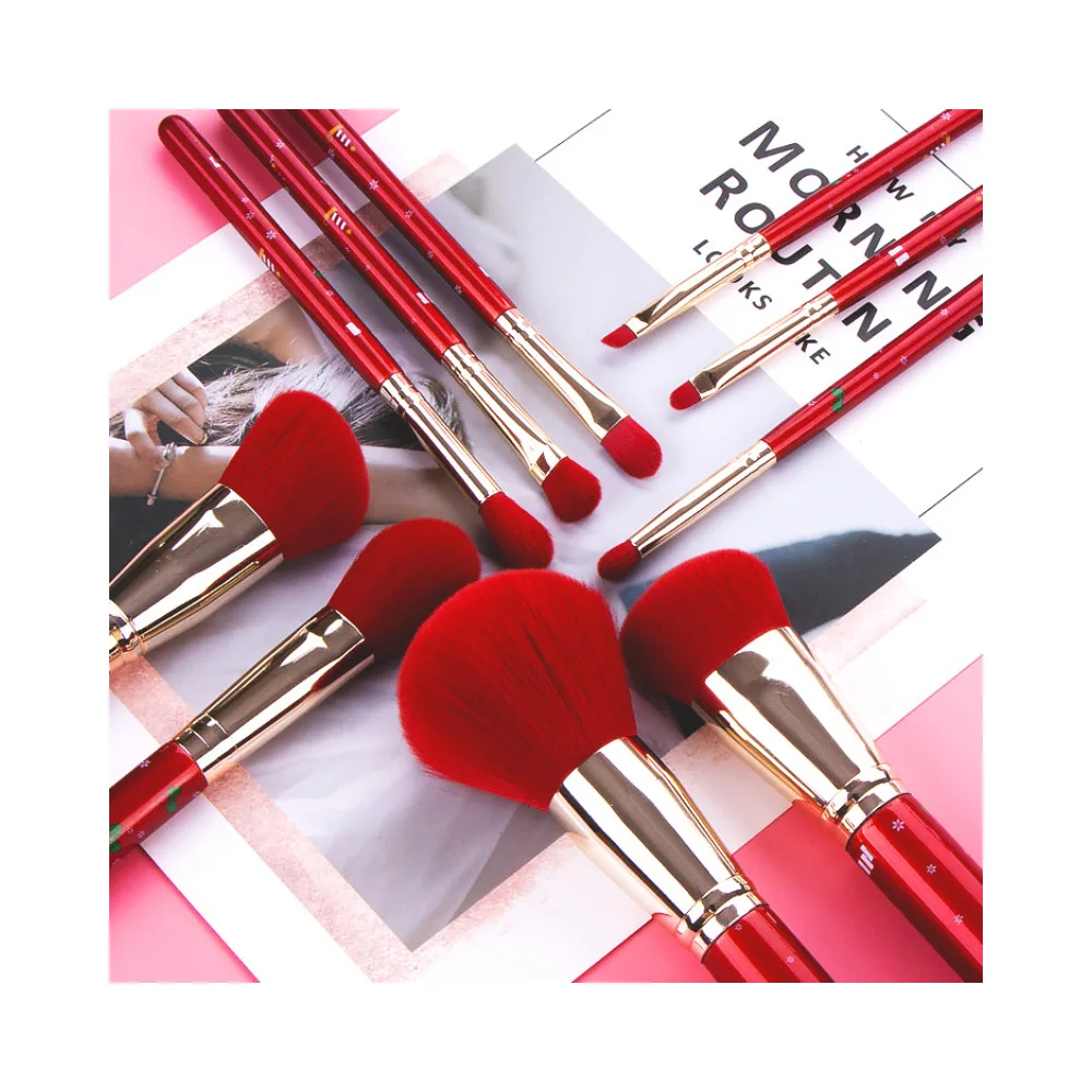 

Christmas Red Hair Vegan Private label Makeup Brush Set Professional, Red/biege/customized