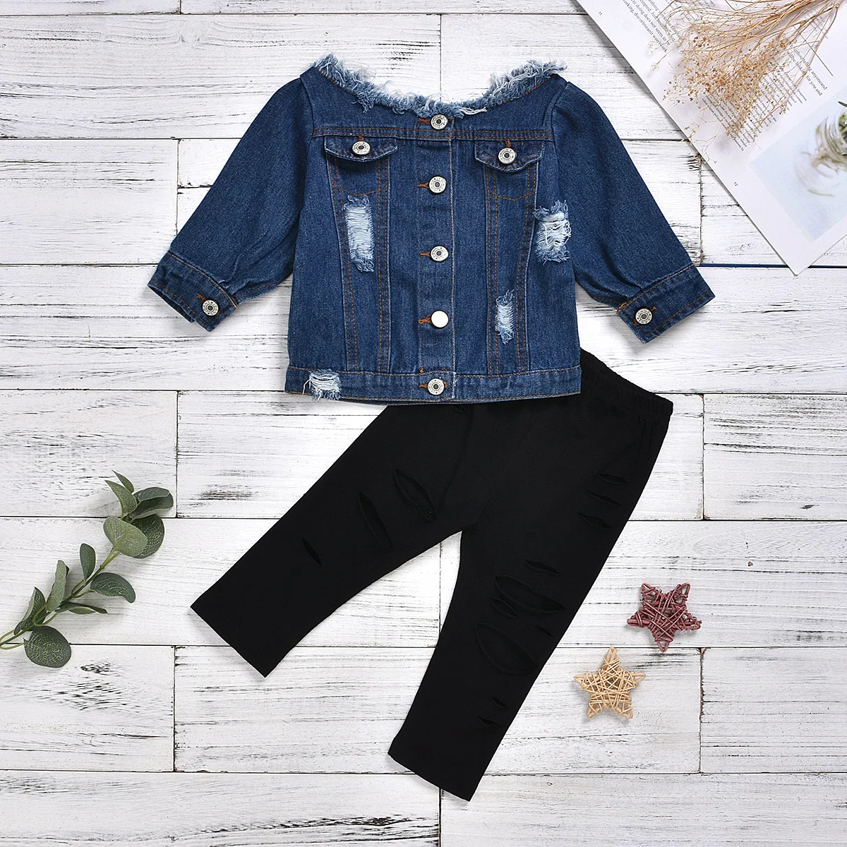 

New Arrivals Kids Clothing Sets Denim Top And Cotton Hole Pants 2 Pieces Suits For Girls, Blue