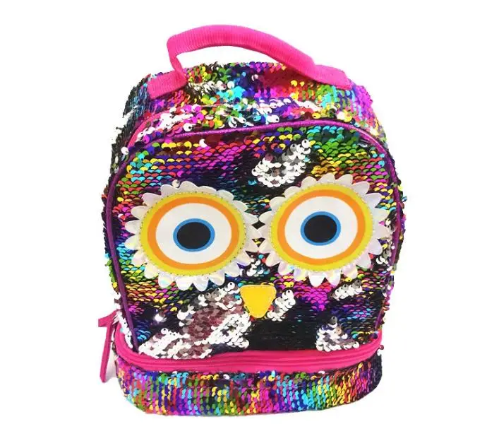 

NEW sequins girl lunch bag lovely owl design with two separated spaces, Custom made