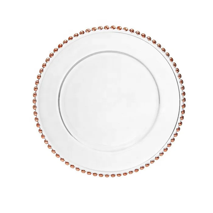

China manufacturers rose gold beaded wedding glass charger plate