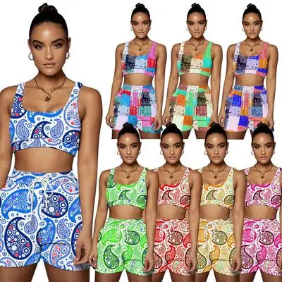

2021 Summer Women Print Bandana Two Piece Pants Set Ladies Paisley Crop Top 2 Short Clothing