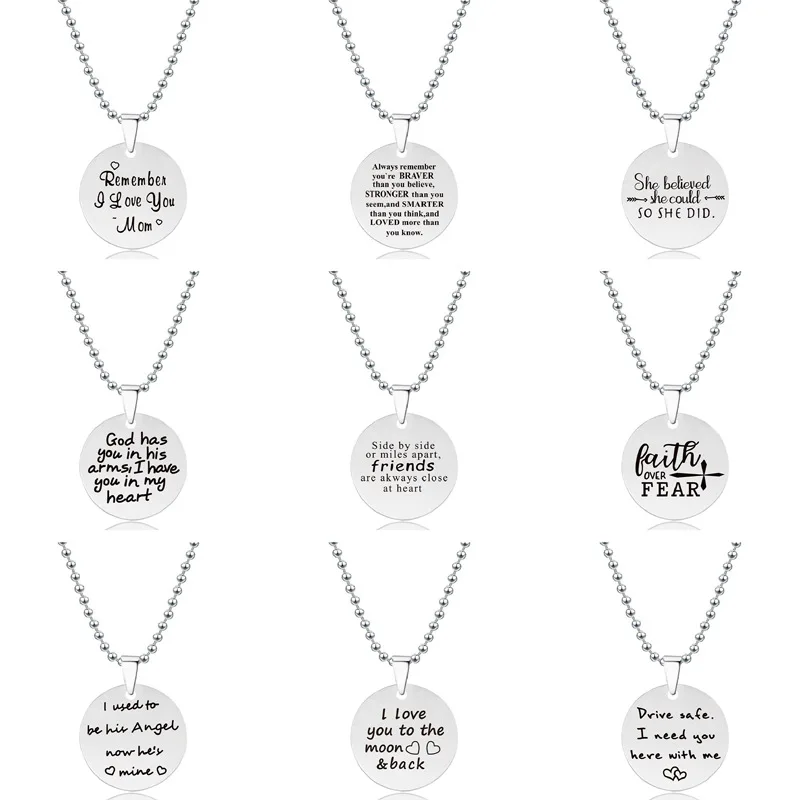 

New Arrival Trendy Custom Round Pendant Necklaces for Men Women Bead Chain Words Stainless Steel Necklace Wholesale, Platinum