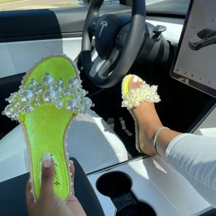 

Wholesale Women Summer Flat Pearl Sandals Fashion Pearl Woman Sandals Solid Color Outdoor Shoes Plus Size, 4 kinds of color
