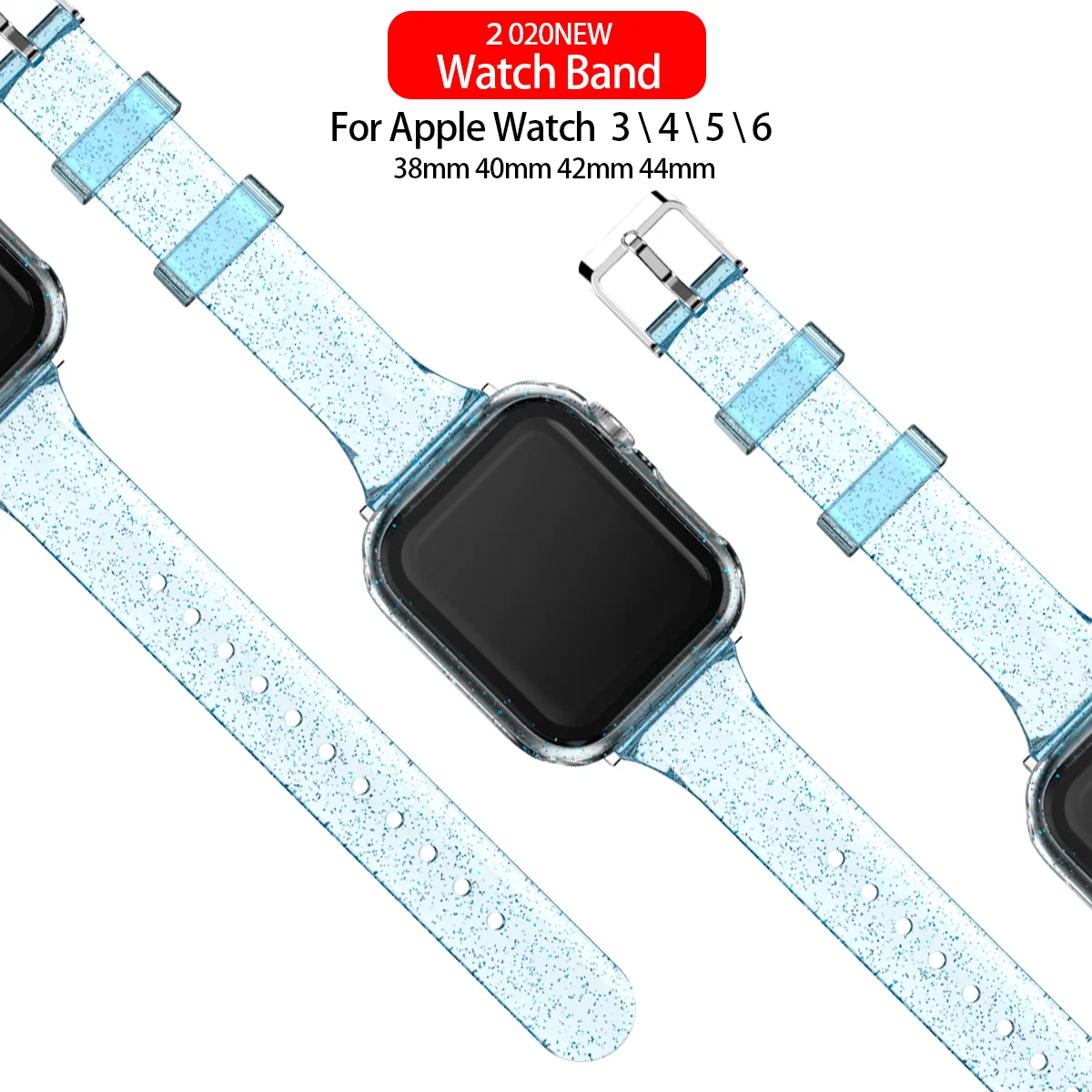 

Transparent Glitter Silicone Apple Watch Strap Band for iWatch 6/SE/5/4/3/2/1/T500/W26/W46/FT50 reloj pulsera de silicona, Various colors to you choose